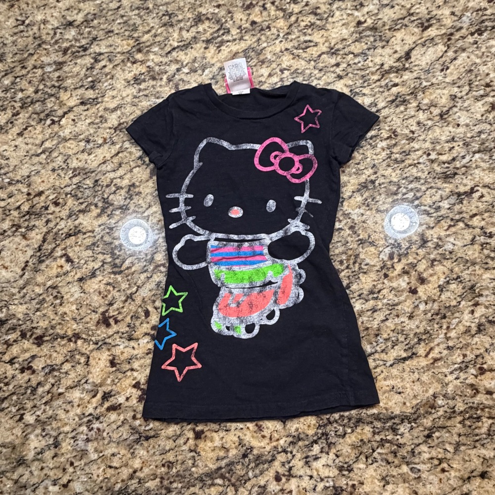 Hello Kitty Sanrio Kids Black Graphic T-Shirt Roller Skating Stars Size S ws